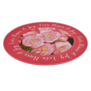 Coral Pink Begonia Floral Love Peace & Joy Quote Cutting Board