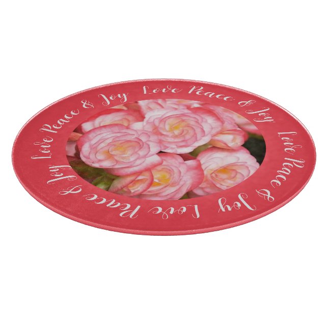 Coral Pink Begonia Floral Love Peace & Joy Quote Cutting Board (Corner)