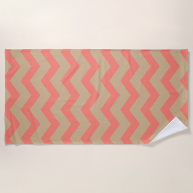 Coral Pink & Beige Chevron Zigzag Pattern Beach Towel (Front)