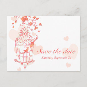 Coral pink bird cage wedding save the date card