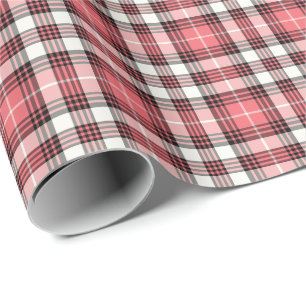 Coral Pink, Black and White Girly Plaid Pattern Wrapping Paper