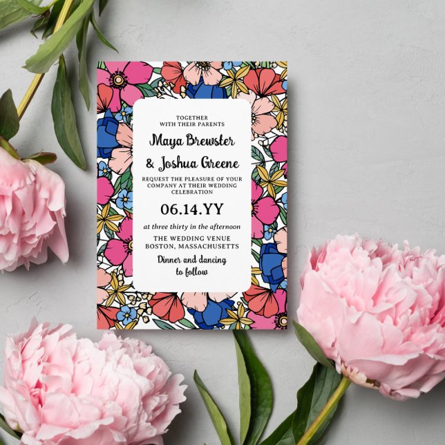 Coral Pink Blue Flowers Spring Summer Wedding Invitation (Creator Uploaded)