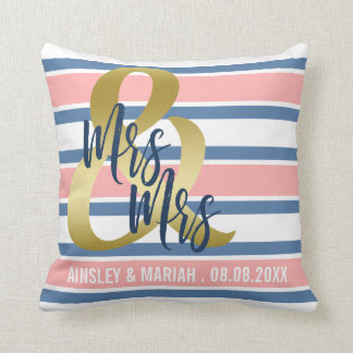 Coral Pink Blue & Gold | Mrs & Mrs Custom Names Cushion