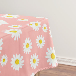 Coral Pink Boho Spring Daisies Pattern Tablecloth