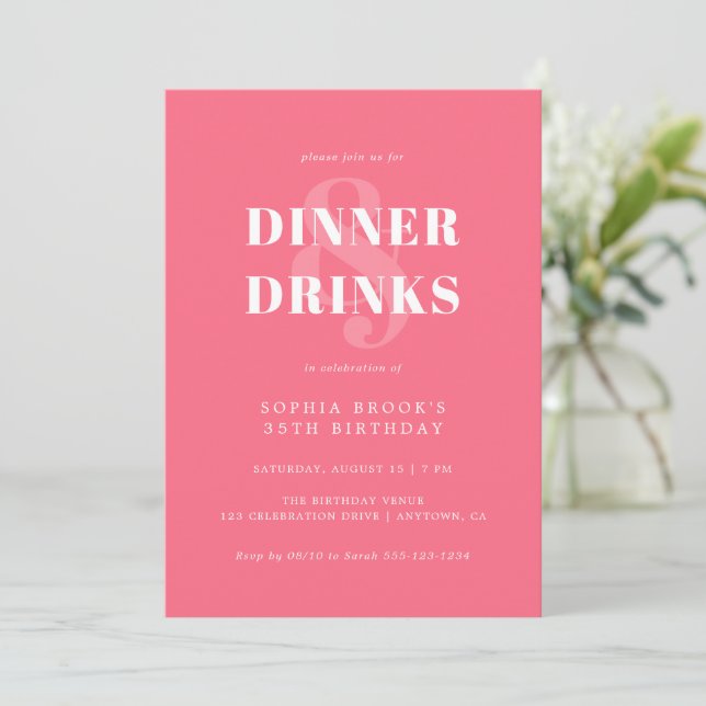 Coral Pink Bold Typography Adult Birthday Dinner Invitation (Standing Front)