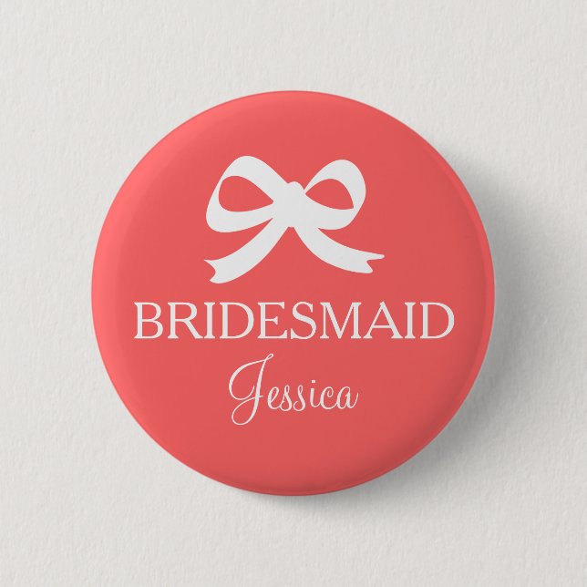 Coral pink bridesmaid button for wedding party (Front)