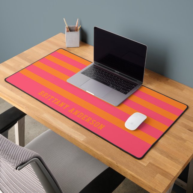 Coral Pink & Bright Orange Stripes Pattern Name Desk Mat (Office 2)