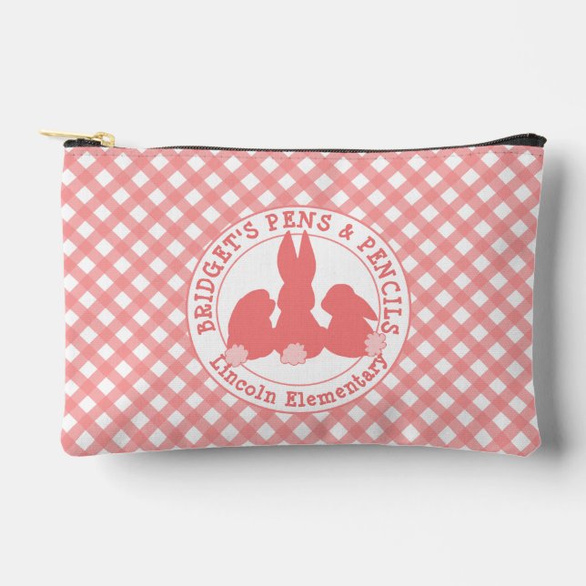 Coral Pink Bunnies & Gingham Pattern Personalised Accessory Pouch (Front)