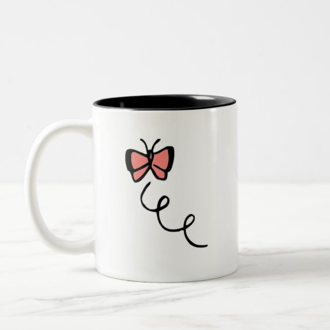 Coral Pink Butterfly Two-Tone Coffee Mug (Left)