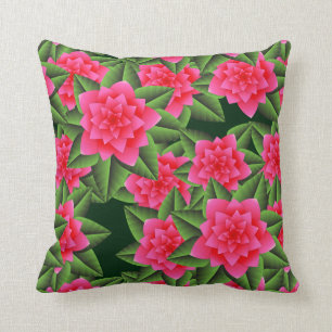 Coral Pink Camellias and Green Leaves Cushion