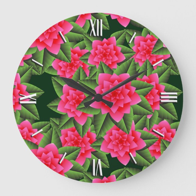 Coral Pink Camellias and Green Leaves Large Clock (Front)