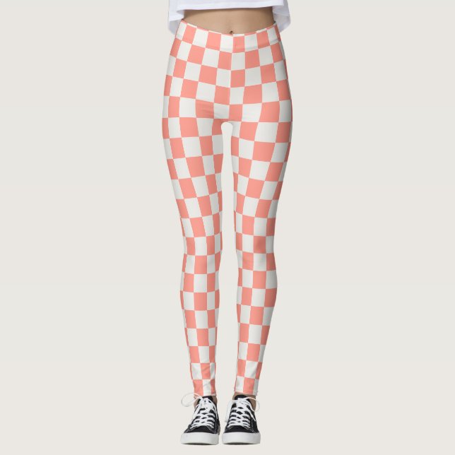Coral Pink Chequerboard Leggings - Bold & Playful (Front)