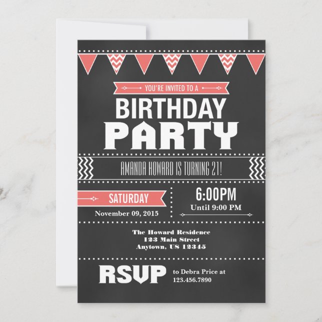 Coral Pink Chevron Chalkboard Birthday Invitation (Front)