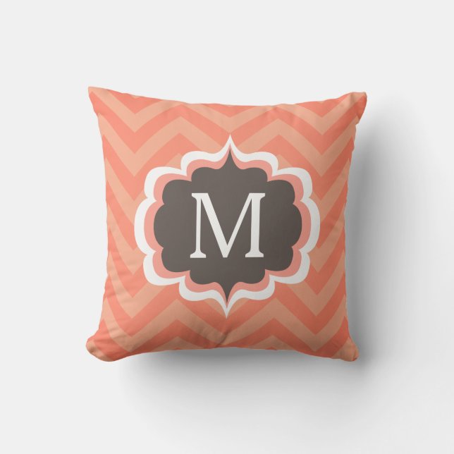 Coral Pink Chevron Pattern Custom Monogram Cushion (Front)