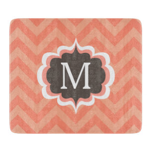 Coral Pink Chevron Pattern Custom Monogram Cutting Board