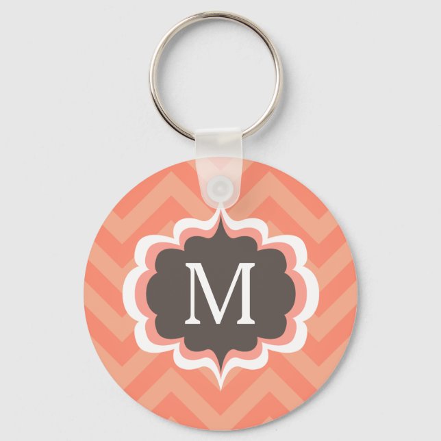 Coral Pink Chevron Pattern Custom Monogram Key Ring (Front)