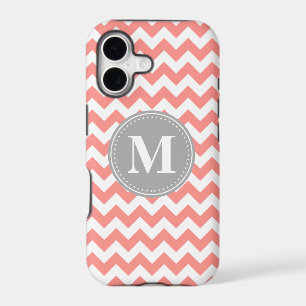 Coral Pink Chevron Pattern Grey Monogram