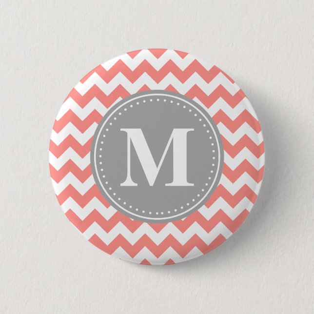 Coral Pink Chevron Zigzag Grey Monogram 6 Cm Round Badge (Front)