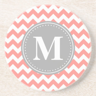 Coral Pink Chevron Zigzag Grey Monogram Coaster