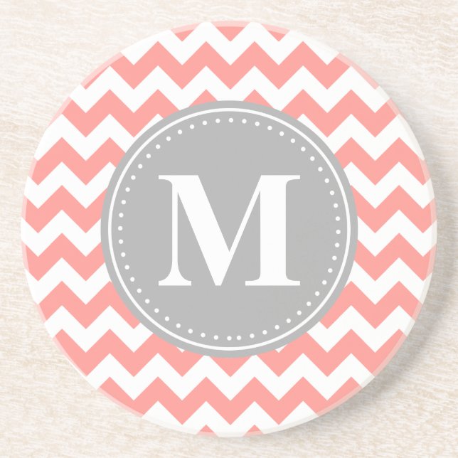 Coral Pink Chevron Zigzag Grey Monogram Coaster (Front)