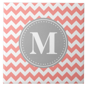 Coral Pink Chevron Zigzag Grey Monogram Tile