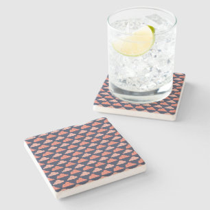 Coral Pink Clouds Lines Navy Blue Lined Geometric Stone Coaster