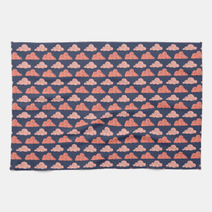 Coral Pink Clouds Lines Navy Blue Lined Geometric Tea Towel