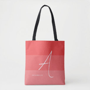 Coral Pink Colour Blocks Custom Monogram Name Tote Bag