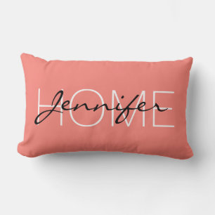 Coral pink colour home monogram lumbar cushion