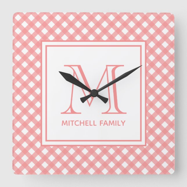 Coral Pink Country Style Gingham Pattern Monogram Square Wall Clock (Front)