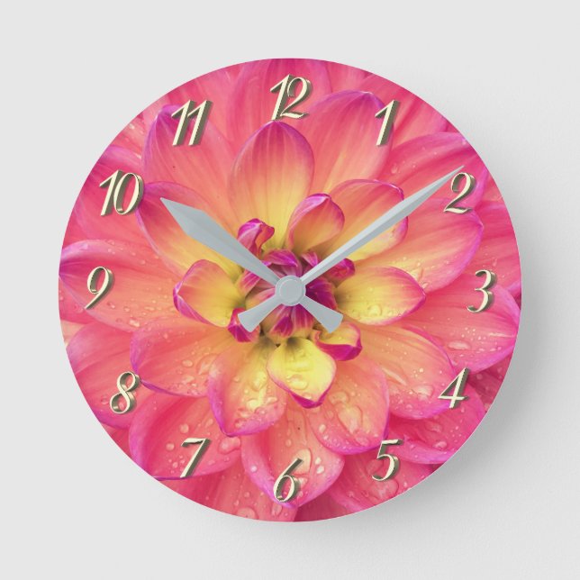 Coral pink dahlia flower round clock (Front)