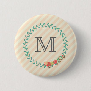 Coral pink decorative floral wreath monogram 6 cm round badge