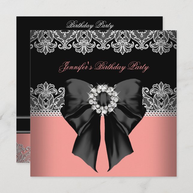 Coral Pink Diamonds Lace Coral Birthday Party Invitation (Front/Back)