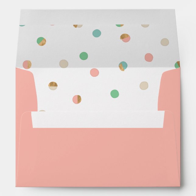 Coral Pink Dot Patterned Liner Wedding Invitation Envelopes (Back (Bottom))