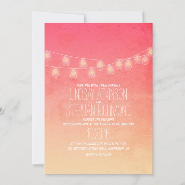 Coral Pink Elegant String Lights Wedding Invites (Front)