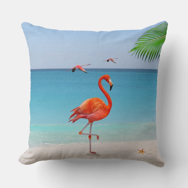Coral Pink Flamingo & Palm Leaf on the Beach Cushion (Front)