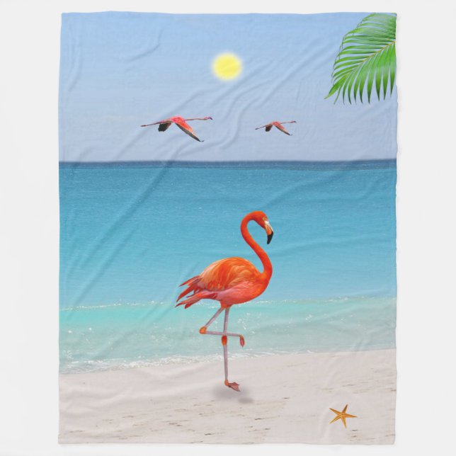 Coral Pink Flamingo & Palm Leaf on the Beach Fleece Blanket (Front)