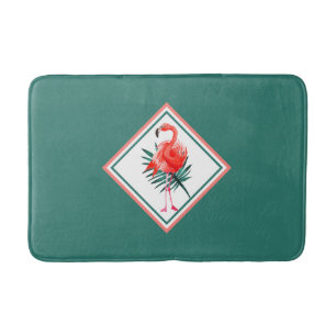 Coral Pink Flamingo Tropical Green Bath Mat