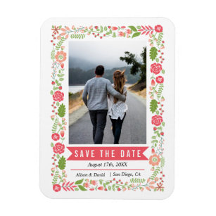 Coral pink floral border green Save the Date Magnet