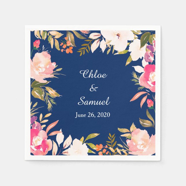 Coral Pink Floral Border Wedding Napkin (Front)