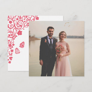 Coral Pink Floral Butterfly Garden Square Photo Thank You Card