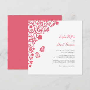 Coral Pink Floral Butterfly Garden Wedding Invitation