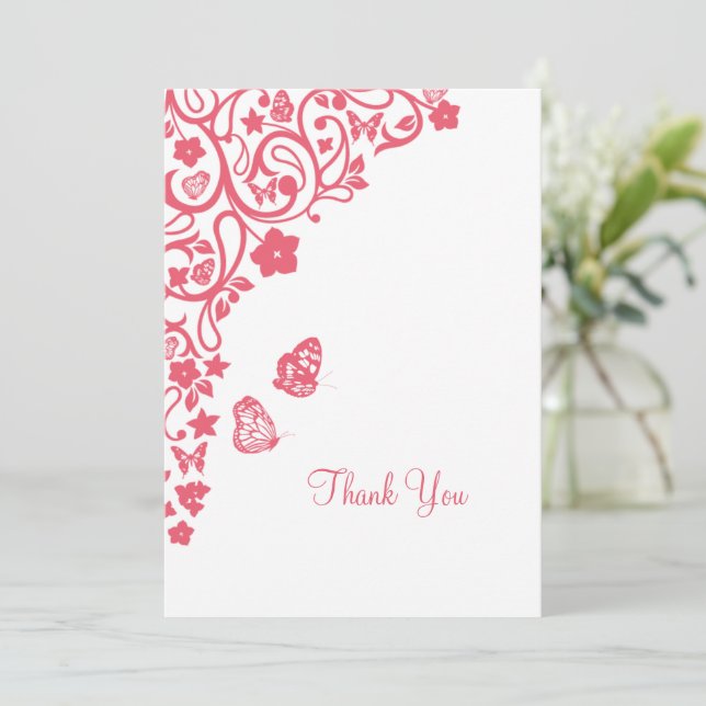 Coral Pink Floral Butterfly Garden Wedding Thank You Card (Standing Front)