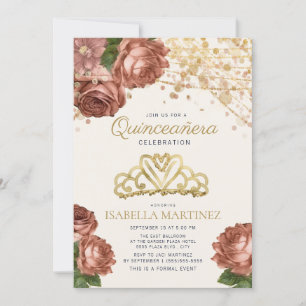 Coral Pink Floral Gold Glitter Quinceañera   Invit Invitation