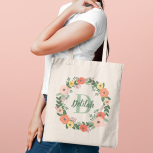 Coral Pink Floral Greenery Monogram Wreath Tote Bag