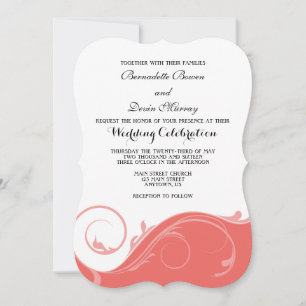 Coral Pink Floral Swirl Bracket Wedding Invites