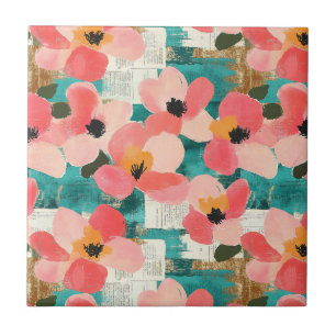 Coral Pink Floral Turquoise Vintage Ceramic Tile