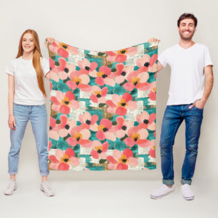 Coral Pink Floral Turquoise Vintage Fleece Blanket