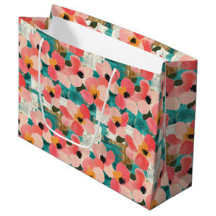 Coral Pink Floral Turquoise Vintage Large Gift Bag