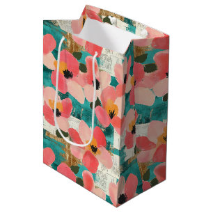 Coral Pink Floral Turquoise Vintage Medium Gift Bag
